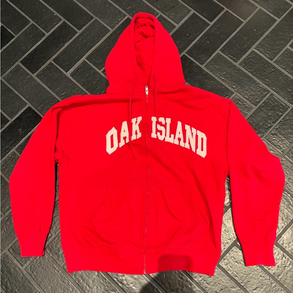 Y2K Oak Island Red Full Zip Hoodie Sweatshirt Myrtle Beach Large